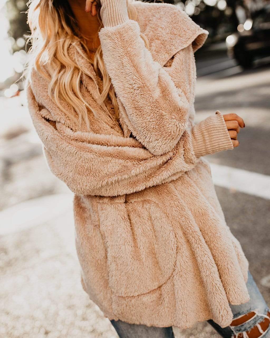 Cap Long-Sleeved Cardigan Pocket Warm Jacket for Women