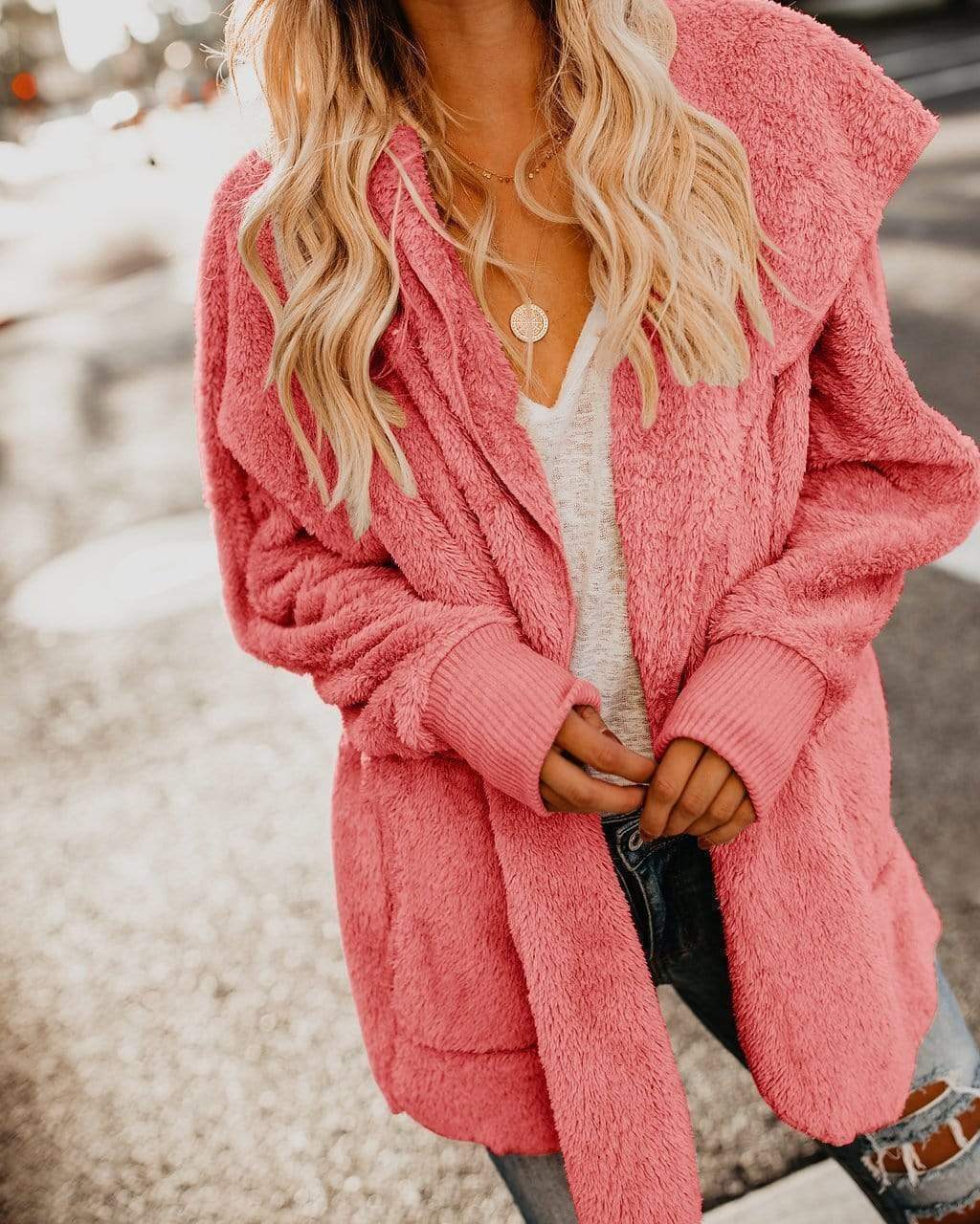 Cap Long-Sleeved Cardigan Pocket Warm Jacket for Women