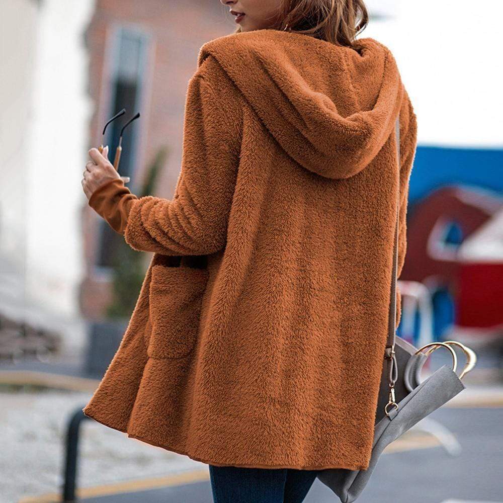 Women Coat Pocket With Hat Solid Color Long Sleeve